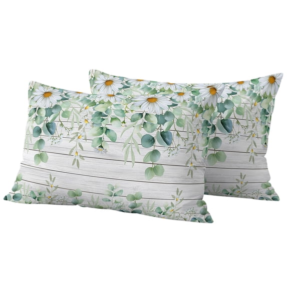Outdoor Pillow Covers 20x12 Set of 2, Green Eucalyptus Leaves Waterproof Patio Throw Pillow Covers for Couch Sofa Chair, Daisy Floral Summer Botanical Wooden Decorative Pillowcases for Throw Pillows