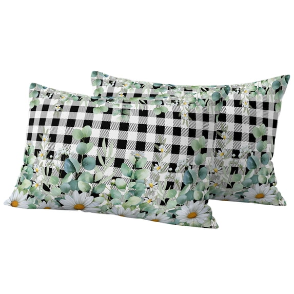 Outdoor Pillow Covers 20x12 Set of 2, Green Eucalyptus Leaves Waterproof Patio Throw Pillow Covers for Couch Sofa Chair, Summer Botanical Daisy Black Plaid Decorative Pillowcases for Throw Pillows