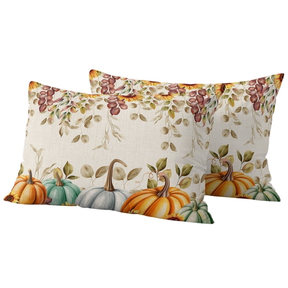 Outdoor Pillow Covers 20x12 Set of 2, Orange Pumpkin Fall Waterproof Patio Throw Pillow Covers for Couch Sofa Chair, Thanksgiving Botanical Sunflower Rustic Decorative Pillowcases for Throw Pillows