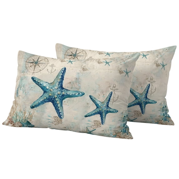 Outdoor Pillow Covers 20x12 Set of 2, Teal Starfish Coastal Waterproof Patio Throw Pillow Covers for Couch Sofa Chair, Vintage Summer Beach Nautical Decorative Pillowcases for Throw Pillows