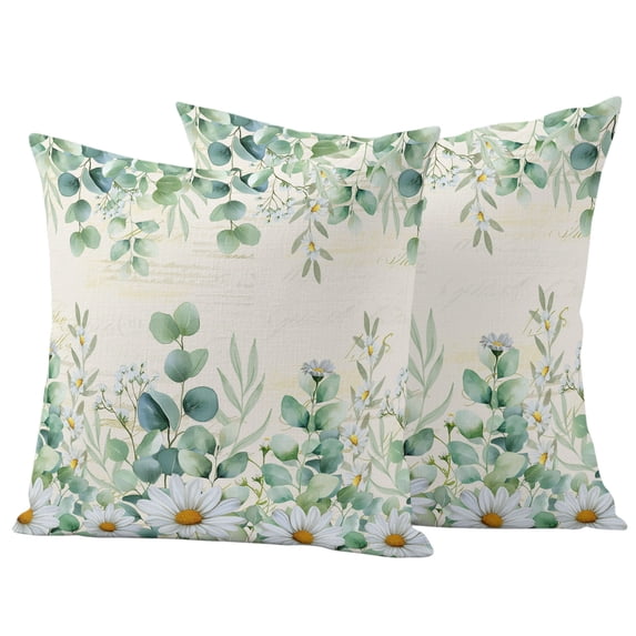Outdoor Pillow Covers 20x20 Set of 2, Green Eucalyptus Leaves Waterproof Patio Throw Pillow Covers for Couch Sofa Chair, Daisy Summer Botanical Farmhouse Decorative Pillowcases for Throw Pillows