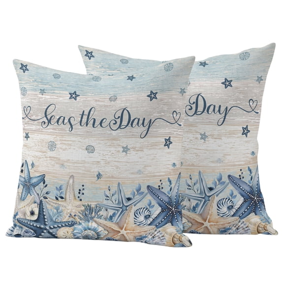 Outdoor Pillow Covers 20x20 Set of 2, Navy Blue Starfish Coastal Waterproof Patio Throw Pillow Covers for Couch Sofa Chair, Vintage Nautical Summer Coral Shell Pillowcases for Throw Pillows