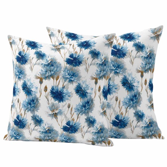 Outdoor Pillow Covers 24 x 24 Inches, Blue Floral Waterproof Throw Pillow Cover Set of 2, Vintage Cornflower Leaves Rustic Plants Decorative Square Cushion Covers for Patio/Tent/Couch/Garden