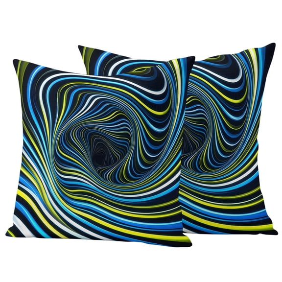 Outdoor Pillow Covers 24 x 24 Inches, Blue Yellow White Spiral Waterproof Throw Pillow Cover Set of 2, Neon Lines Abstract Cyber Decorative Square Cushion Covers for Patio/Tent/Couch/Garden