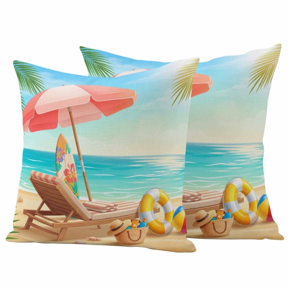 Outdoor Pillow Covers 24 x 24 Inches, Coastal Beach Waterproof Throw Pillow Cover Set of 2, Summer Tropical Ocean Vacation Waves Blue Decorative Square Cushion Covers for Patio/Tent/Couch/Garden