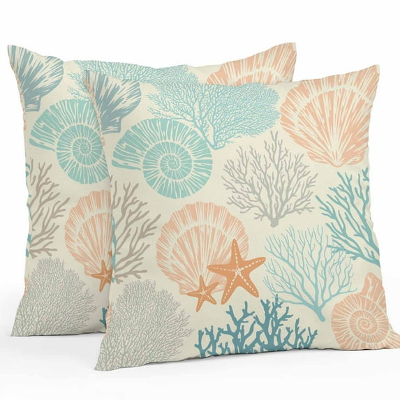 Outdoor Pillow Covers 24 x 24 Inches, Coastal Turquoise Waterproof Throw Pillow Cover Set of 2, Ocean Coral Starfish Shell Modern Sea Decorative Square Cushion Covers for Patio/Tent/Couch/Garden