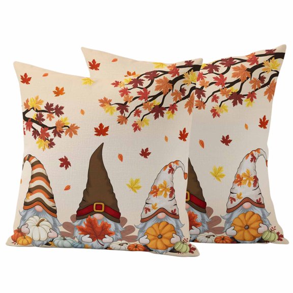 Outdoor Pillow Covers 24 x 24 Inches, Fall Waterproof Throw Pillow Cover Set of 2, Orange Pumpkins Thanksgiving Gnomes Autumn Maple Leaf Decorative Square Cushion Covers for Patio/Tent/Couch/Garden
