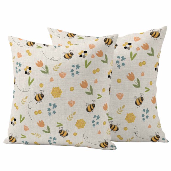 Outdoor Pillow Covers 24 x 24 Inches, Flowers Bees Waterproof Throw Pillow Cover Set of 2, Farmhouse Spring Botanical Flowers Leaves Decorative Square Cushion Covers for Patio/Tent/Couch/Garden