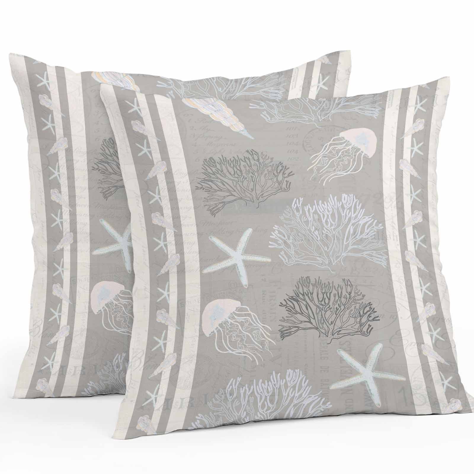 Outdoor Pillow Covers 24 x 24 Inches, Gray Coastal Waterproof Throw Pillow Cover Set of 2, Nautical Beach Summer Sea Starfish Coral Decorative Square Cushion Covers for Patio/Tent/Couch/Garden