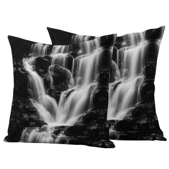 Outdoor Pillow Covers 24 x 24 Inches, Nature Waterfall Waterproof Throw Pillow Cover Set of 2, Grey Vintage Rushing Water Scenery Decorative Square Cushion Covers for Patio/Tent/Couch/Garden