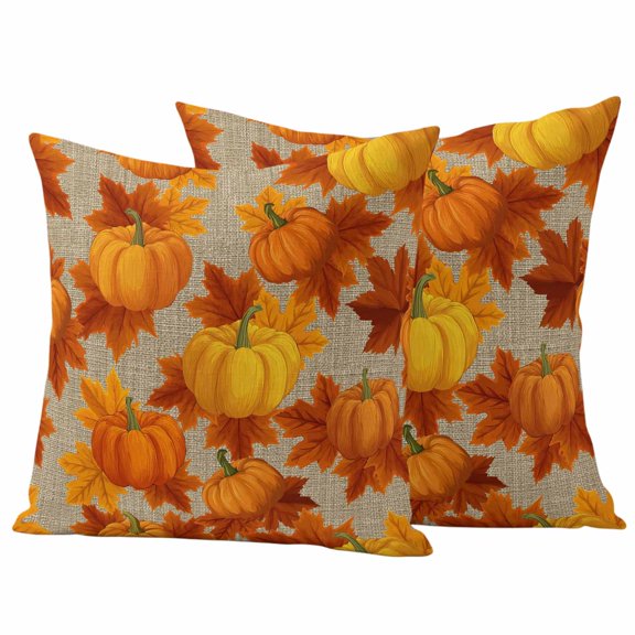 Outdoor Pillow Covers 24 x 24 Inches, Orange Fall Waterproof Throw Pillow Cover Set of 2, Pumpkins Thanksgiving Maple Leaf Rustic Decorative Square Cushion Covers for Patio/Tent/Couch/Garden