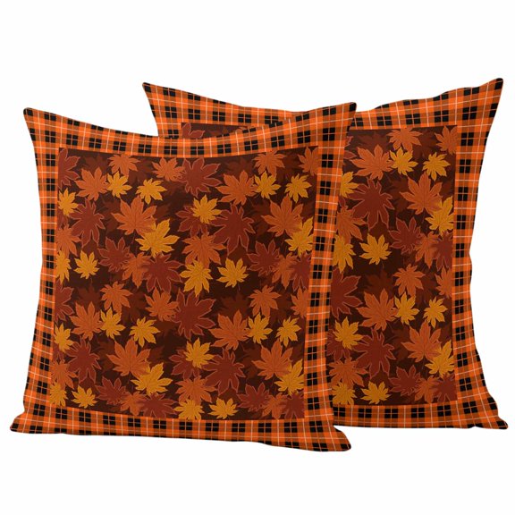 Outdoor Pillow Covers 24 x 24 Inches, Orange Maple Leaves Fall Waterproof Throw Pillow Cover Set of 2, Thanksgiving Orange Buffalo Plaid Decorative Square Cushion Covers for Patio/Tent/Couch/Garden