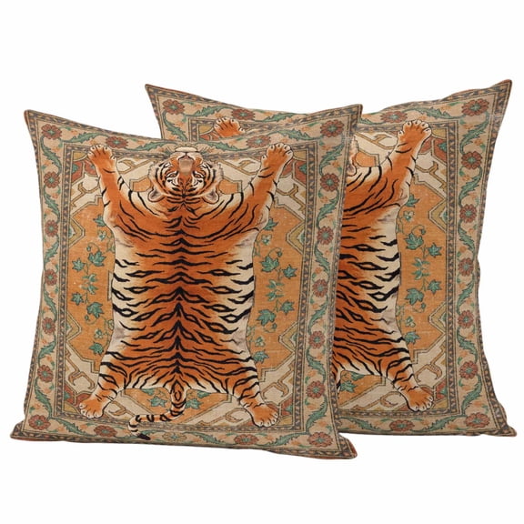 Outdoor Pillow Covers 24 x 24 Inches, Tiger Retro Waterproof Throw Pillow Cover Set of 2, Orange Boho Animal Ethnic Tribal Floral Decorative Square Cushion Covers for Patio/Tent/Couch/Garden