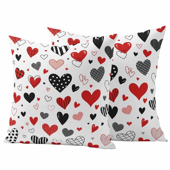 Outdoor Pillow Covers 24 x 24 Inches, Valentine's Day Waterproof Throw Pillow Cover Set of 2, Black Red Dots Striped Love Hearts Decorative Square Cushion Covers for Patio/Tent/Couch/Garden