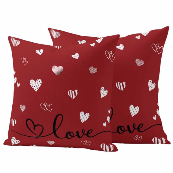 Outdoor Pillow Covers 24 x 24 Inches, Valentine's Day Waterproof Throw Pillow Cover Set of 2, White Red Striped Dots Love Heart Romantic Decorative Square Cushion Covers for Patio/Tent/Couch/Garden