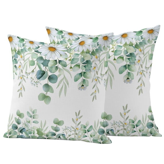 Outdoor Pillow Covers 24x24 Set of 2, Green Eucalyptus Leaves Waterproof Patio Throw Pillow Covers for Couch Sofa Chair, Summer Botanical Daisy Floral Decorative Pillowcases for Throw Pillows