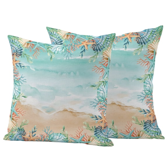 Outdoor Pillow Covers 24x24 Set of 2, Ocean Coastal Waterproof Patio Throw Pillow Covers for Couch Sofa Chair, Summer Nautical Beach Coral Starfish Decorative Pillowcases for Throw Pillows