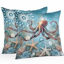 Outdoor Pillow Covers 26 x 26 Inches, Coastal Octopus Waterproof Throw Pillow Cover Set of 2, Vintage Teal Nautical Beach Botanical Decorative Square Cushion Covers for Patio/Tent/Couch/Garden