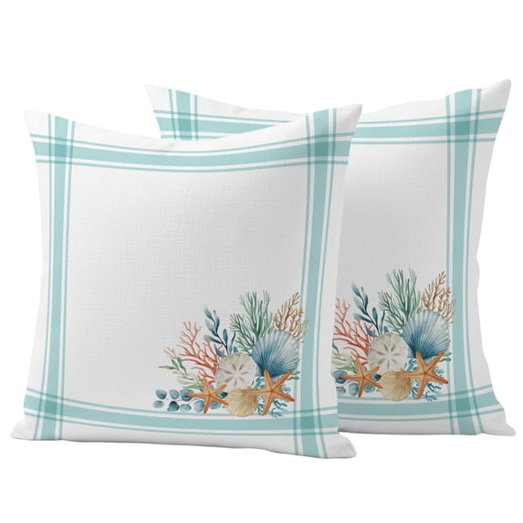 Outdoor Pillow Covers 26x26 Set of 2, Aqua Coastal Waterproof Patio Throw Pillow Covers for Couch Sofa Chair, Nautical Seashells Coral Leaves Stripes Decorative Pillowcases for Throw Pillows