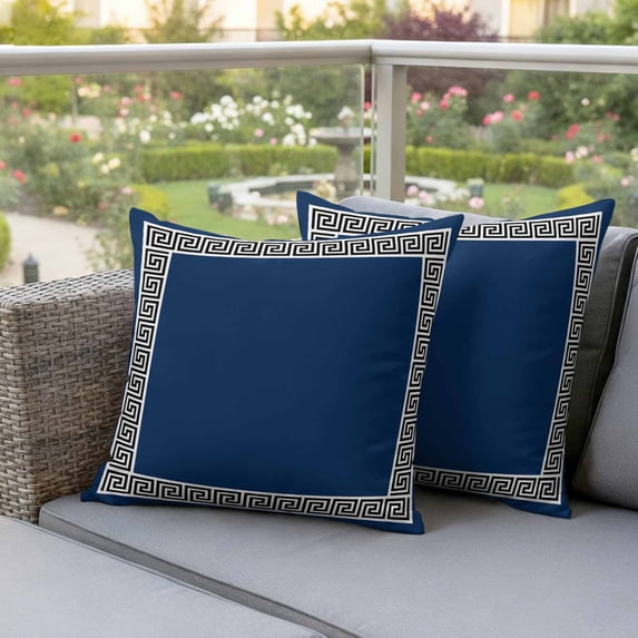 Outdoor Pillow Covers Abstract Greek Inspired Key Texture Waterproof Pillow Cases 20x20 Set of 2, Geometric Twist Line on Dark Blue Throw Pillow Cover Pillowcase for Patio Balcony Couch Garden