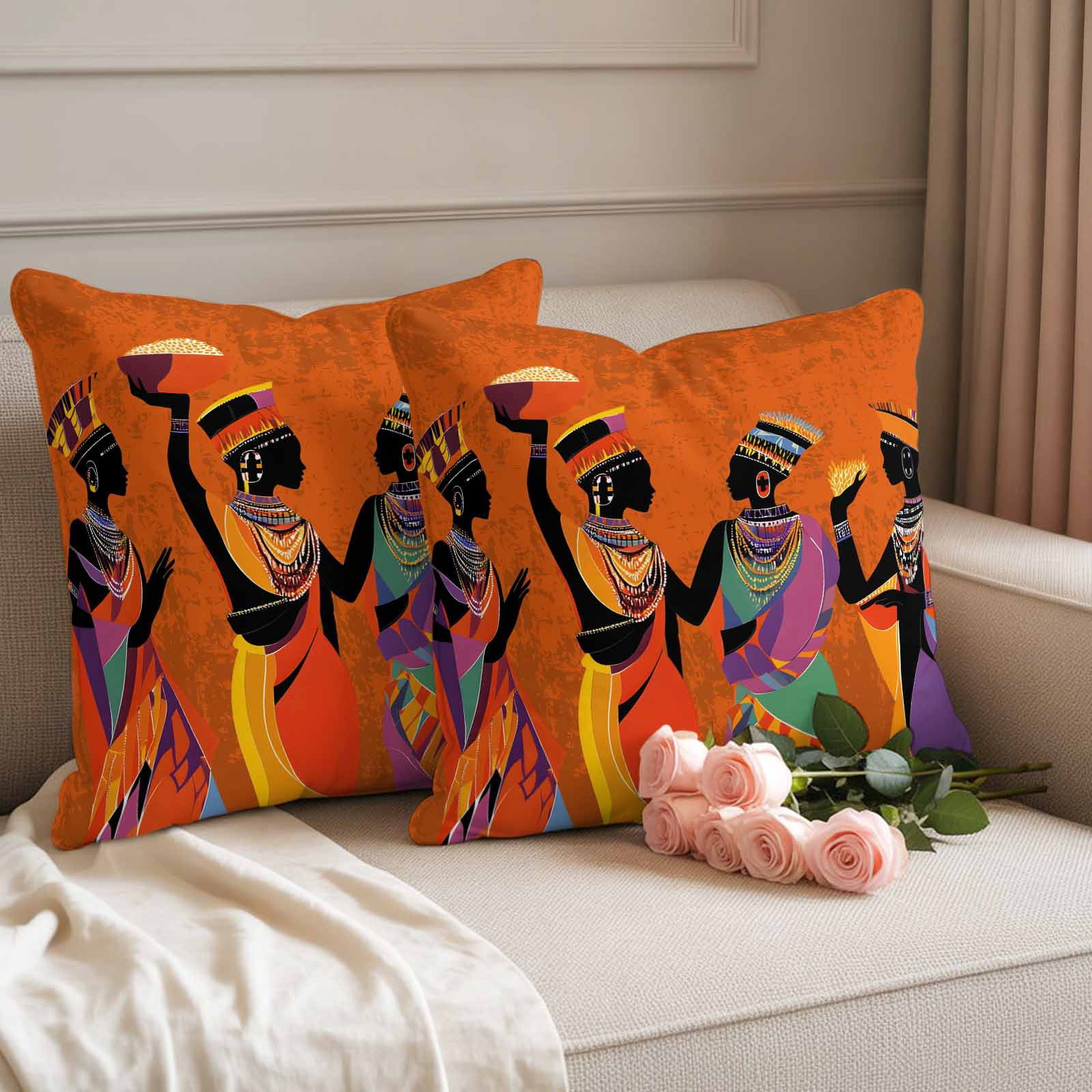 Outdoor Pillow Covers African Black Woman Ethnic Style Waterproof Pillow Cases 18x18 Set of 2, Retro Orange Gradient Throw Pillow Cover Pillowcase for Patio Balcony Couch Garden