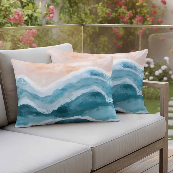 Outdoor Pillow Covers Beach Blue Water Ripple Waterproof Pillow Cases 20x12 Set of 2, Abstract Waves Gradient Throw Pillow Cover Pillowcase for Patio Balcony Couch Garden