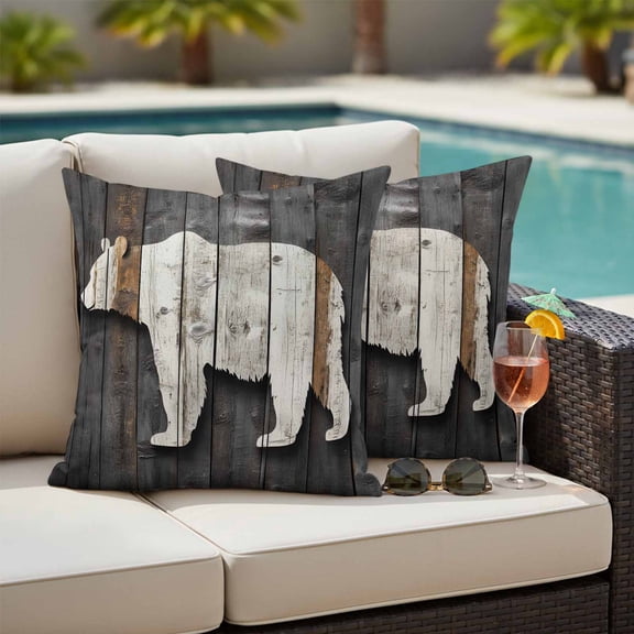Outdoor Pillow Covers,Bear Shadow Animal Portrait Decorative Throw Pillow Cover Waterproof Pillowcase Set of 2,Linen Cushion Case for Sofa Couch Bed 18x18 Inch,Farmhouse Vintage Wood Board