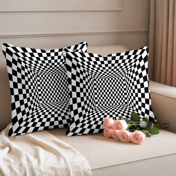 Outdoor Pillow Covers Black White Checkered Waterproof Pillow Cases 18x18 Set of 2, Abstract Vortex Buffalo Plaid Throw Pillow Cover Pillowcase for Patio Balcony Couch Garden