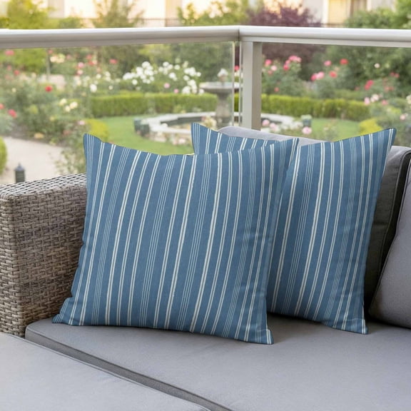 Outdoor Pillow Covers Blue White Vertical Stripes Decorative Throw Pillow Covers, Pinstripe Pattern Throw Cushion Case with Zipper for Patio,Couch,Sofa,Garden 16x16in Set of 2