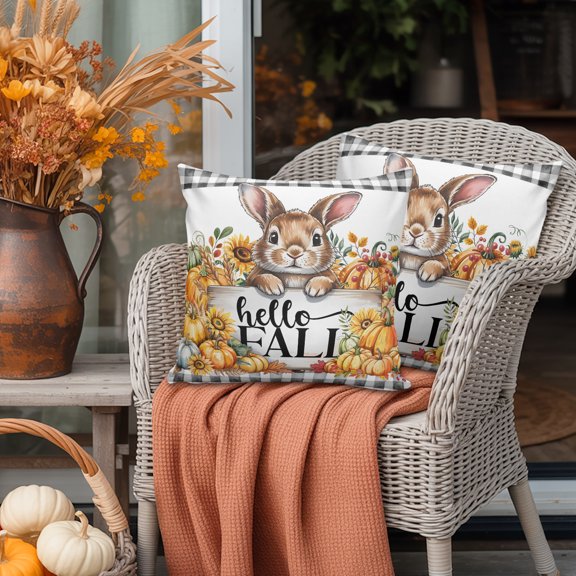 Outdoor Pillow Covers Cartoon Cute Rabbit Waterproof Pillow Cases 16x16 Set of 2, Hello Fall Pumpkins Black Plaid Throw Pillow Cover Pillowcase for Patio Balcony Couch Garden