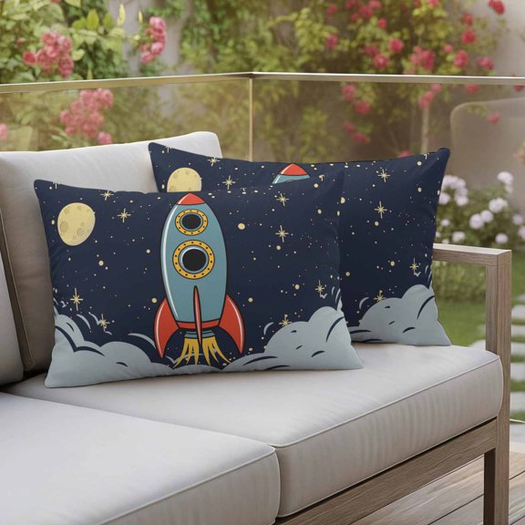 Outdoor Pillow Covers Cartoon Space Rocket Launch Stars and Moon Waterproof Pillow Cases 20x12 Set of 2, Outer Planet Throw Pillow Cover Pillowcase for Patio Balcony Couch Garden