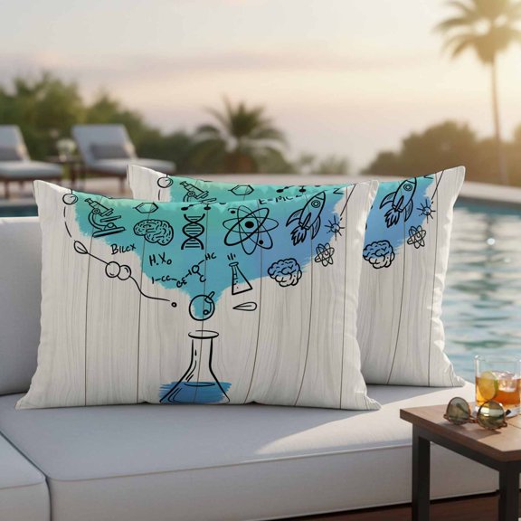 Outdoor Pillow Covers,Chemical Formula Beaker on Wood Grain Decorative Throw Pillow Cover Waterproof Pillowcase Set of 2,Linen Cushion Case for Sofa Couch Bed 20x12 Inch,School Season