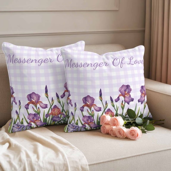Outdoor Pillow Covers Country Iris Flowers Waterproof Pillow Cases 18x18 Set of 2, Love Floral Purple White Plaid Throw Pillow Cover Pillowcase for Patio Balcony Couch Garden