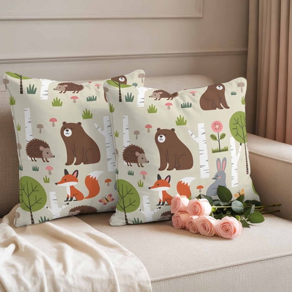Outdoor Pillow Covers Cute Bear Hedgehog Fox Waterproof Pillow Cases 18x18 Set of 2, Cartoon Tree Wild Flower Throw Pillow Cover Pillowcase for Patio Balcony Couch Garden