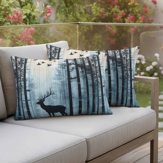 Outdoor Pillow Covers Elk Forest Jungle Animal Shadow Waterproof Pillow Cases 20x12 Set of 2, Nature Landscapes Throw Pillow Cover Pillowcase for Patio Balcony Couch Garden