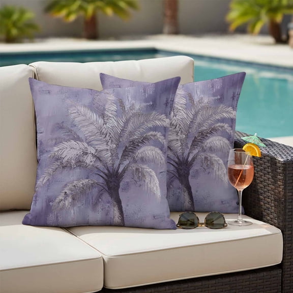 Outdoor Pillow Covers,Exotic Palm Tree on Lavender Purple Decorative Throw Pillow Cover Waterproof Pillowcase Set of 2,Linen Cushion Case for Sofa Couch Bed 18x18 Inch,Abstract Botantical