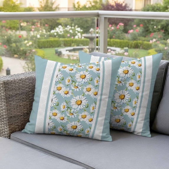Outdoor Pillow Covers Farmhouse Daisy Floral Blue Stripe Waterproof Pillow Cases 20x20 Set of 2, Country Flower Watercolor Throw Pillow Cover Pillowcase for Patio Balcony Couch Garden