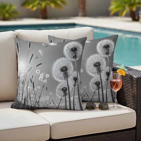 Outdoor Pillow Covers,Farmhouse Grey Field Dandelion Rural Plant Decorative Throw Pillow Cover Waterproof Pillowcase Set of 2,Linen Cushion Case for Sofa Couch Bed 18x18 Inch,Idyllic Botanical