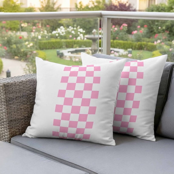 Outdoor Pillow Covers Farmhouse Valentine's Day Waterproof Pillow Cases 20x20 Set of 2, Pink White Buffalo Lattice Stripes Throw Pillow Cover Pillowcase for Patio Balcony Couch Garden