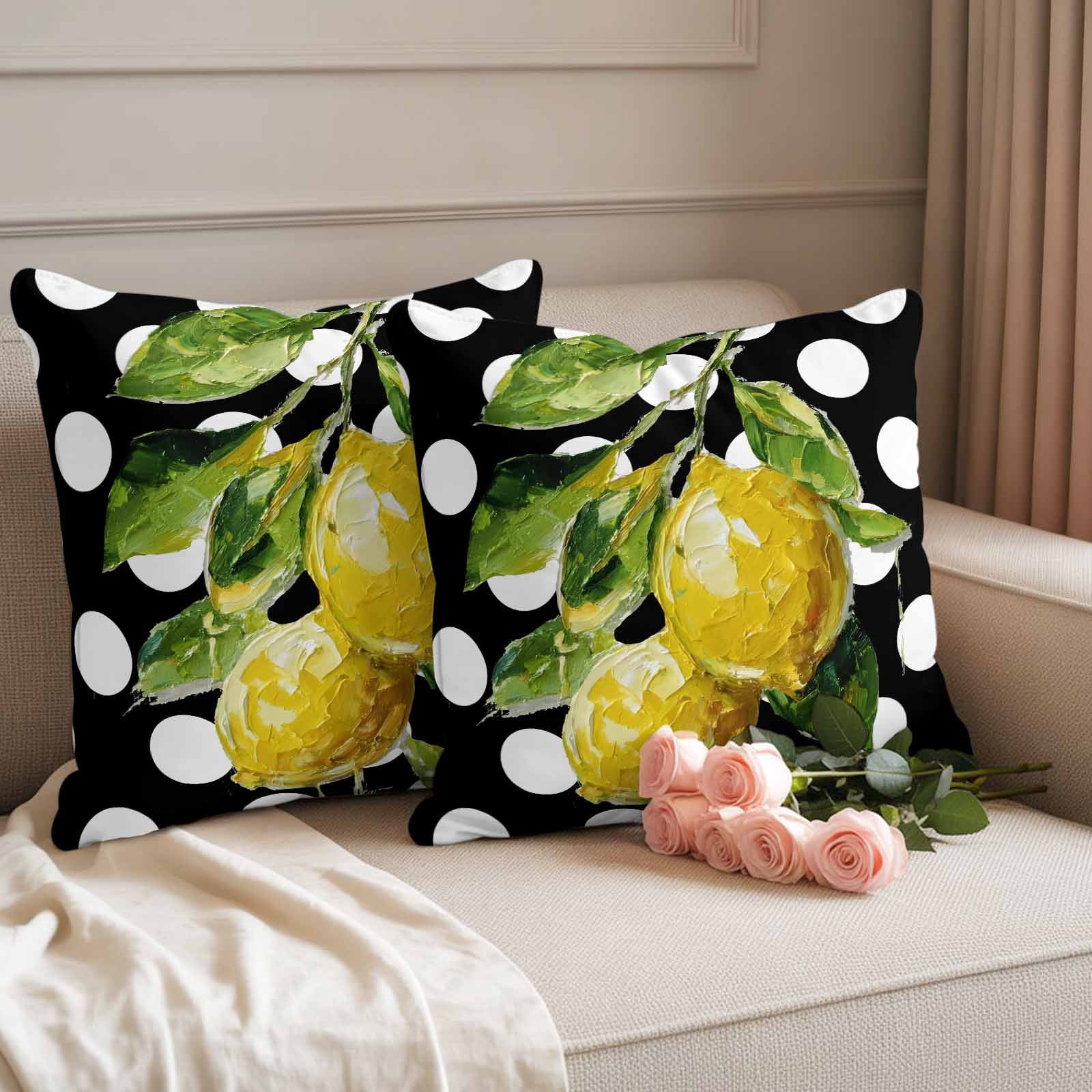 Outdoor Pillow Covers Farmhouse Yellow Lemon Green Leaf Waterproof Pillow Cases 16x16 Set of 2, Black White Polka Dot Throw Pillow Cover Pillowcase for Patio Balcony Couch Garden