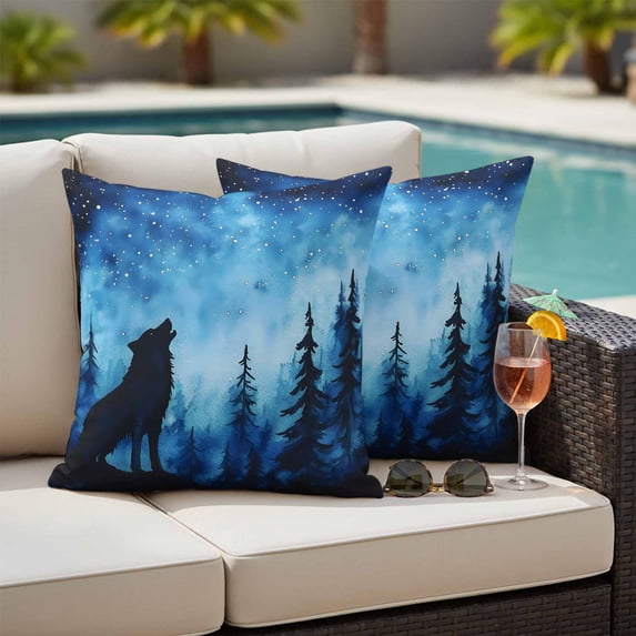 Outdoor Pillow Covers Forest Wolf Tree Silhouette Waterproof Pillow Cases 24x24 Set of 2, Starry Night Animal Plant Throw Pillow Cover Pillowcase for Patio Balcony Couch Garden