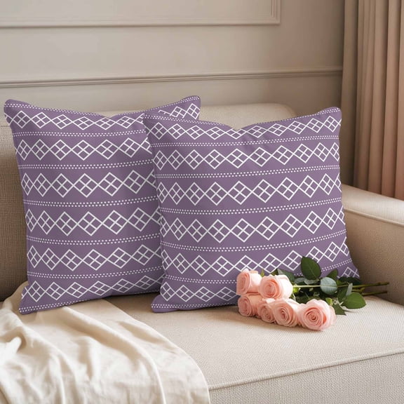 Outdoor Pillow Covers Geometric White Purple Square Dot Waterproof Pillow Cases 18x18 Set of 2, Modern Abstract Check Texture Throw Pillow Cover Pillowcase for Patio Balcony Couch Garden