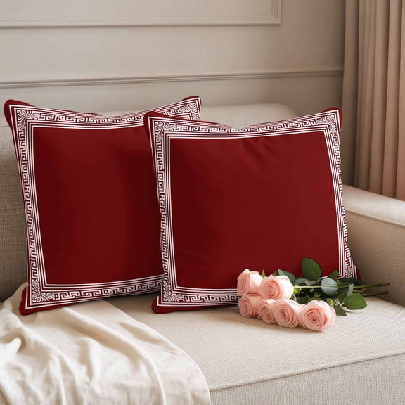 Outdoor Pillow Covers Greek Abstract Inspired Key Pattern Waterproof Pillow Cases 18x18 Set of 2, Geometric Twist Line on Red Throw Pillow Cover Pillowcase for Patio Balcony Couch Garden