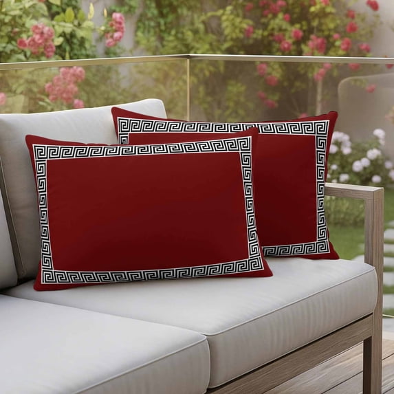 Outdoor Pillow Covers Greek Geometric Inspired Twist Line Waterproof Pillow Cases 20x12 Set of 2, Abstract Key Pattern on Red Throw Pillow Cover Pillowcase for Patio Balcony Couch Garden