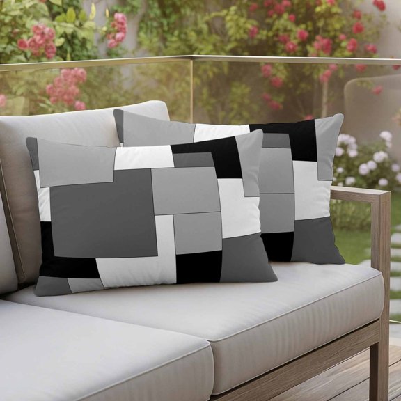 Outdoor Pillow Covers Grey Art Color Block Geometry Grid Waterproof Pillow Cases 20x12 Set of 2, Abstract Throw Pillow Cover Pillowcase for Patio Balcony Couch Garden