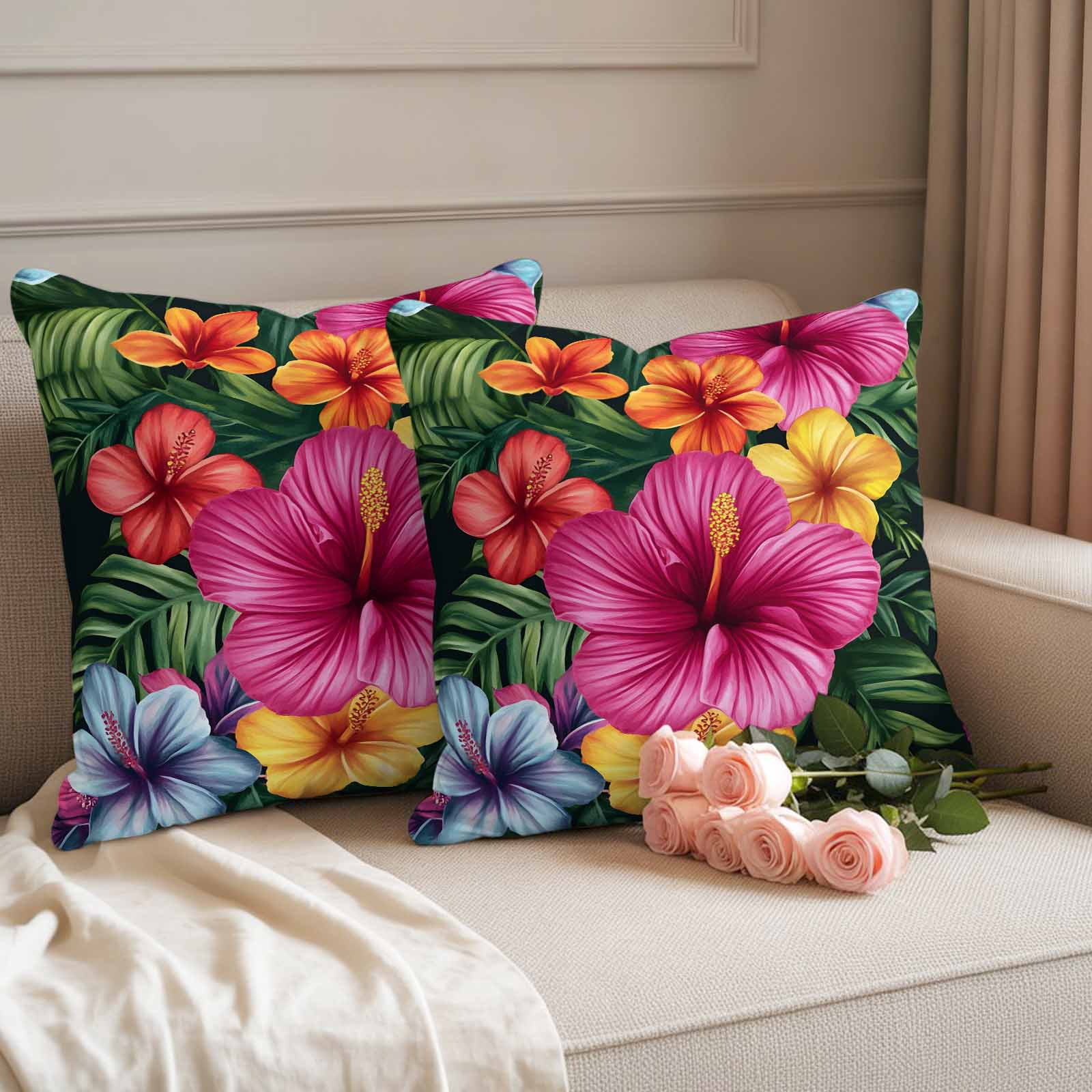 Outdoor Pillow Covers Hibiscus Flower Pink Floral Waterproof Pillow Cases 18x18 Set of 2, Country Watercolor Green Leaves Throw Pillow Cover Pillowcase for Patio Balcony Couch Garden