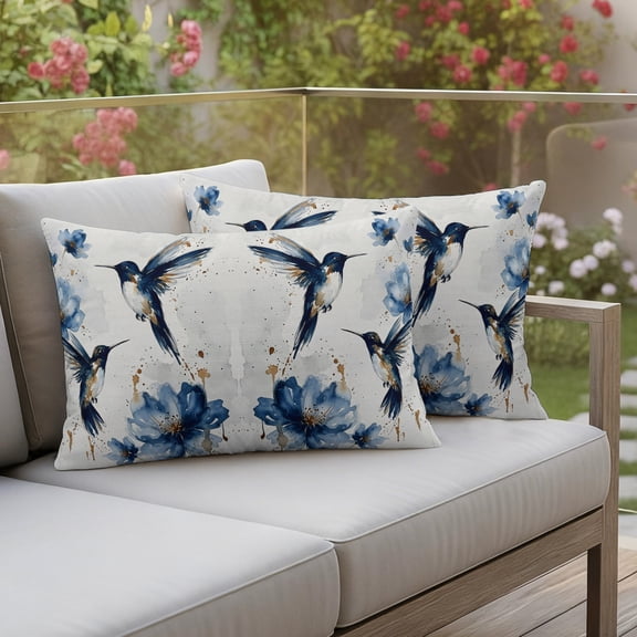 Outdoor Pillow Covers Hummingbird Bird Blue Flower Gradient Decorative Throw Pillow Covers, Abstract Gold Splatter Throw Cushion Case with Zipper for Patio,Couch,Sofa,Garden 20x12in Set of 2