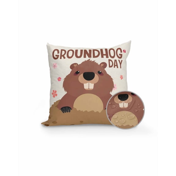 Outdoor Pillow Covers with Inserts,Groundhog Day Waterproof Decorative Throw Pillow Cases,Pink Cherry Blossom Cartoon Animals Vintage Soft Cousion Covers Protector for Patio Furniture Sofa 16"x16"