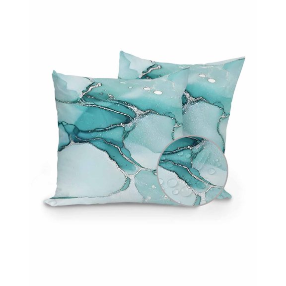 Outdoor Pillow Covers with Inserts,Marble Turquoise Waterproof Decorative Throw Pillow Cases Set of 2,Abstract Nature Cracks Silver Wavy Soft Cousion Covers Protector for Patio Furniture Sofa 18"x18"