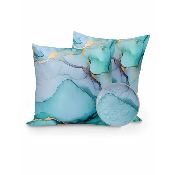 Outdoor Pillow Covers with Inserts,Turquoise Marble Waterproof Decorative Throw Pillow Cases Set of 2,Abstract Green Modern Luxury Cracks Cousion Covers Protector for Patio Furniture Sofa 18"x18"